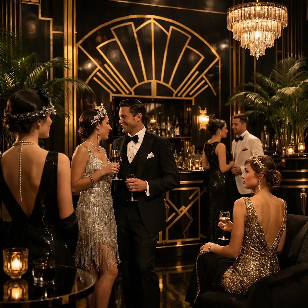 Motyw Art Deco Soirée z geometrycznymi wzorami i złotymi detalami