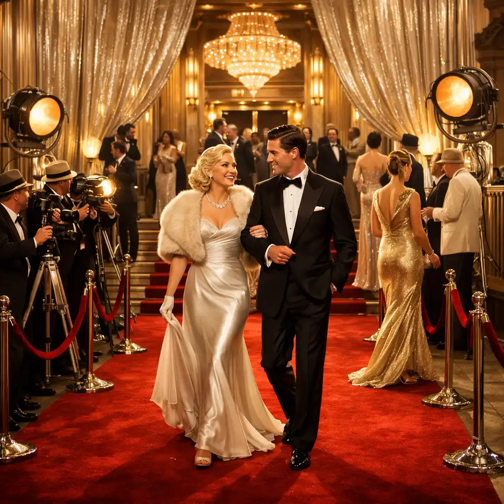 Motyw Hollywood Glam z czerwonym dywanem i światłami reflektorów