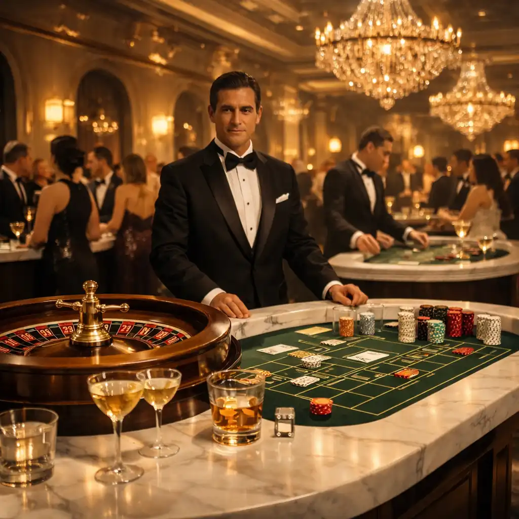 Motyw Noc w Monte Carlo z eleganckimi stołami kasynowymi i złotymi akcentami