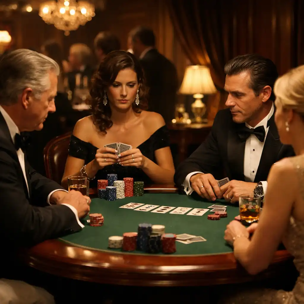 Motyw Royal Poker Night z eleganckim stołem pokerowym i kartami